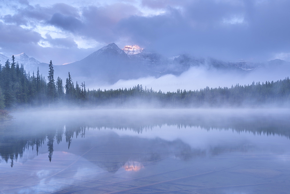 Misty morning in the Canadian Rockies, Herbert Lake, Banff National Park, UNESCO World Heritage Site, Alberta, Canada, North America