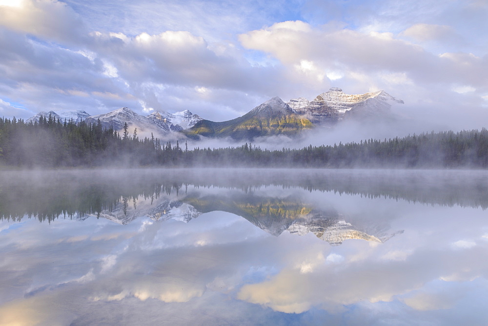 Misty conditions beside Herbert Lake in the Canadian Rockies, Banff Natonal Park, UNESCO World Heritage Site, Alberta, Canada, North America