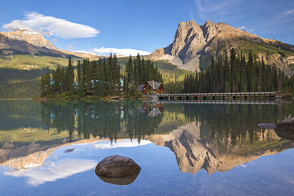 Mirror still reflections on Emerald Lake in Yoho National Park, UNESCO World Heritage Site, British Columbia, Canada, North America