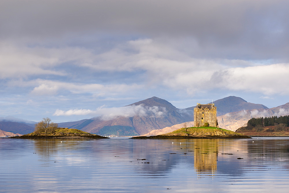 Castle Stalker reflected in Loch Linnhe, Scottish Highlands, Scotland, United Kingdom, Europe