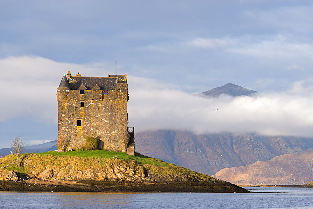 Castle Stalker on an island in Loch Linnhe, Scottish Highlands, Scotland, United Kingdom, Europe