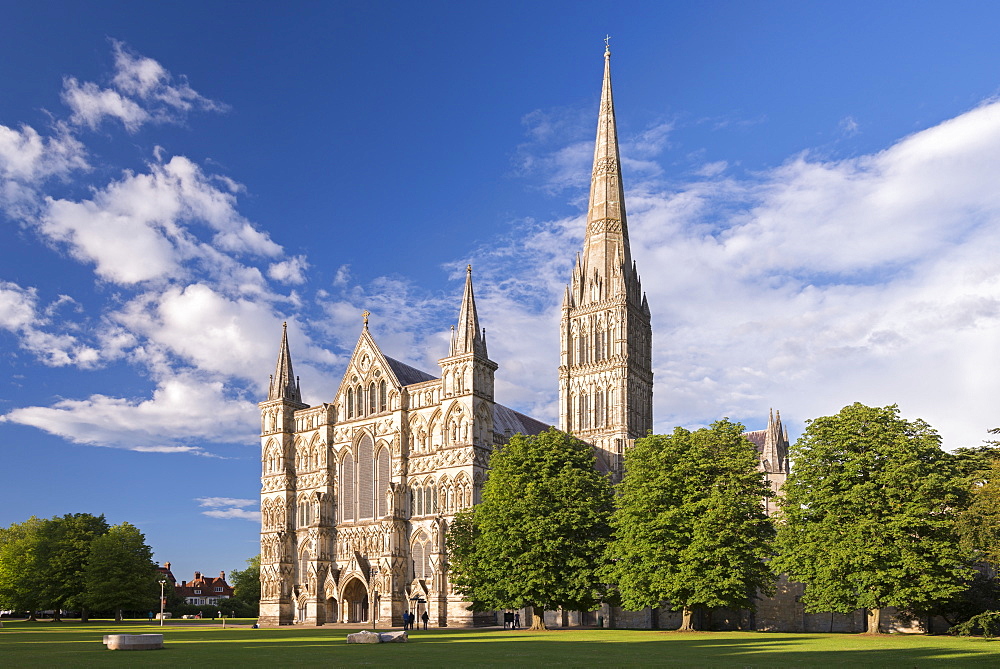 Evening sunshine glows on the ornate facade of Salisbury Cathedral, Salisbury, Wiltshire, England, United Kingdom, Europe