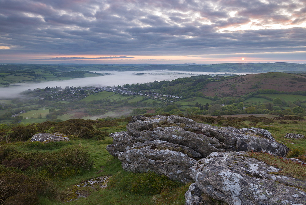 Moody sunrise over the village of Chagford in Dartmoor National Park, Devon, England, United Kingdom, Europe