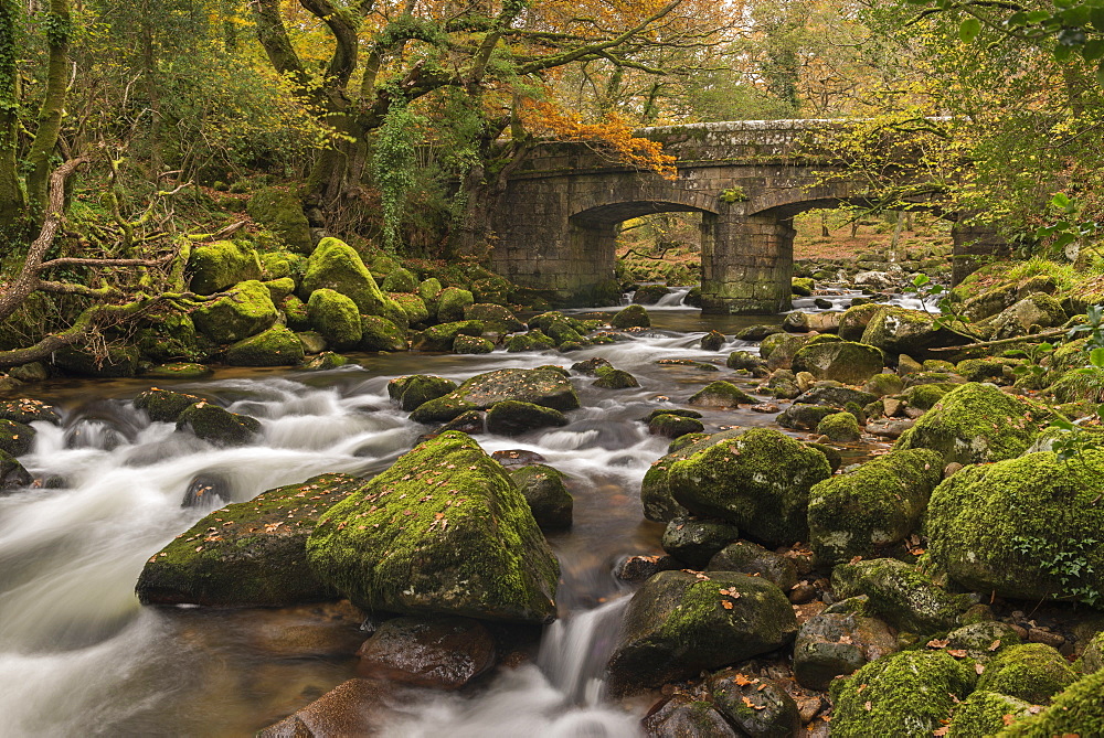 Stone bridge spanning the River Plym in Dartmoor National Park, Devon, England, United Kingdom, Europe