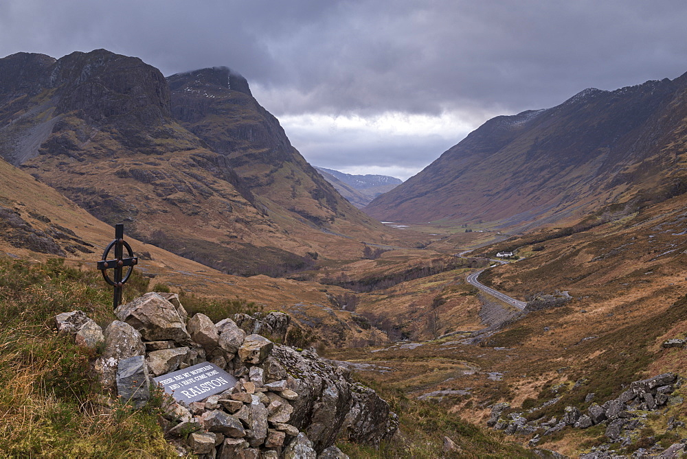 Memorial at the Study viewpoint in Glencoe, Scottish Highlands, Scotland, United Kingdom, Europe