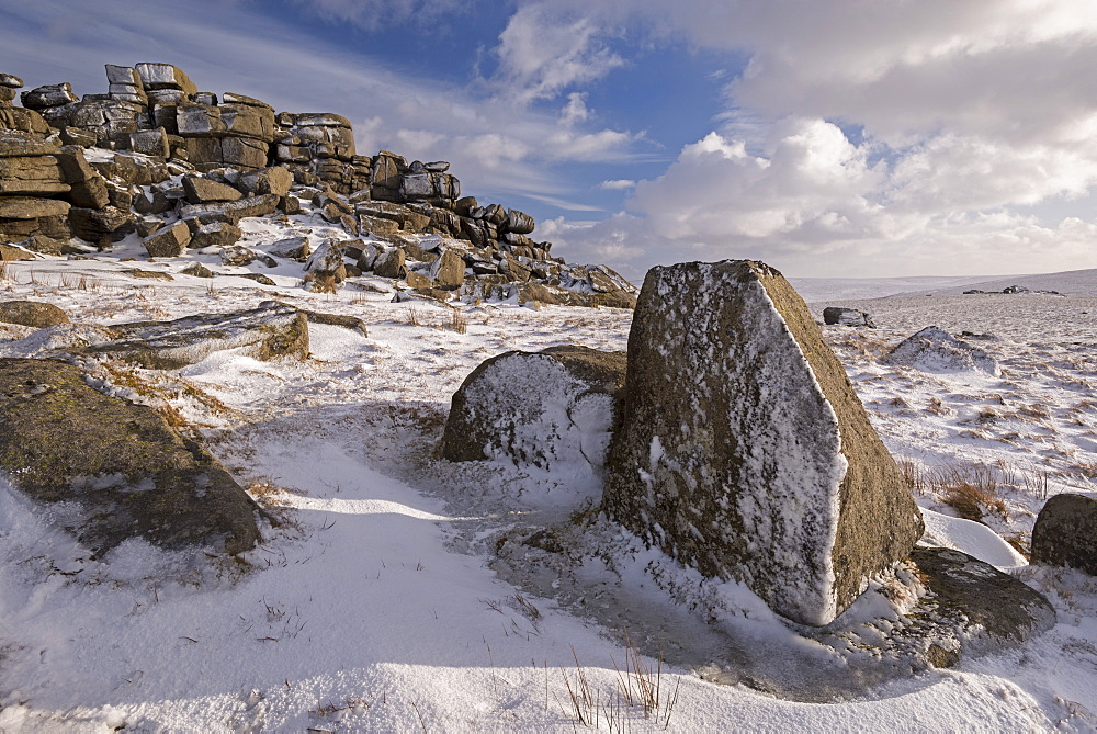 Snow covered moorland at West Mill Tor, Dartmoor National Park, Devon, England, United Kingdom, Europe