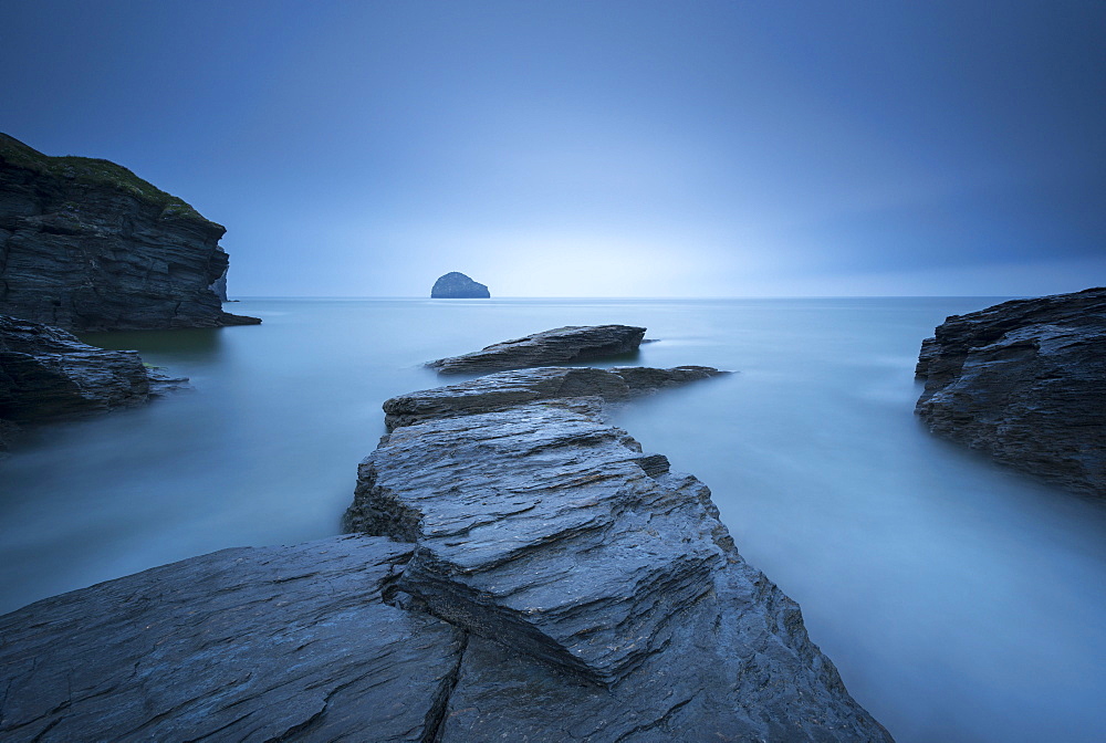 Moody overcast conditions at Trebarwith Strand in North Cornwall, England, United Kingdom, Europe