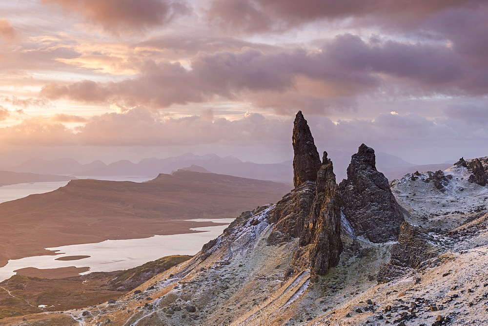 Sunrise over a frozen mountain landscape at the Old Man of Storr on the Isle of Skye, Inner Hebrides, Scotland, United Kingdom, Europe