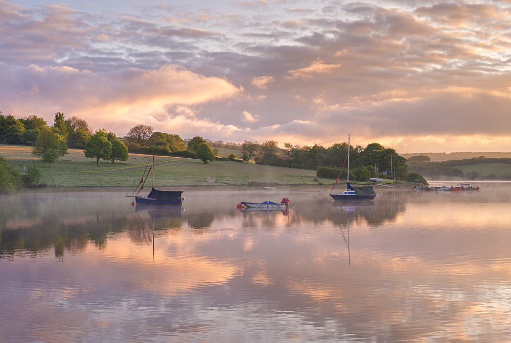 Beautiful sunrise above a tranquil Wimbleball Reservoir in Exmoor National Park, Somerset, England, United Kingdom, Europe