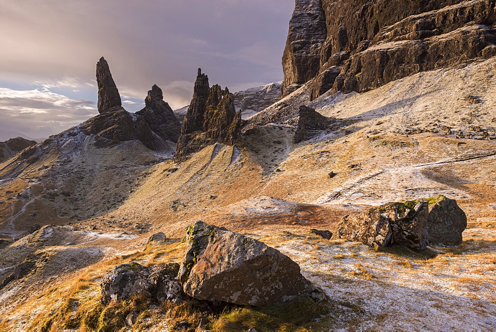 Frozen winter landscape at the Old Man of Storr on the Isle of Skye, Inner Hebrides, Scotland, United Kingdom, Europe