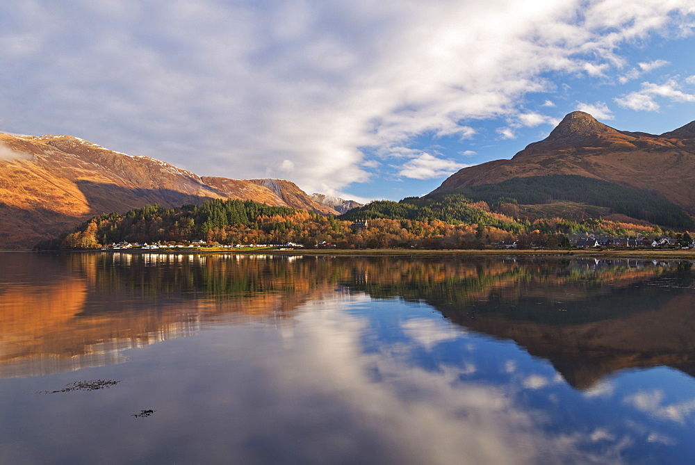 Glencoe village from across Loch Leven, Glencoe, Highlands, Scotland, United Kingdom, Europe