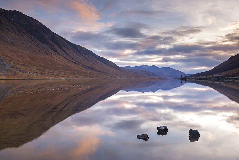 Reflections on Loch Etive at sunset in winter, Glen Etive, Highlands, Scotland, United Kingdom, Europe