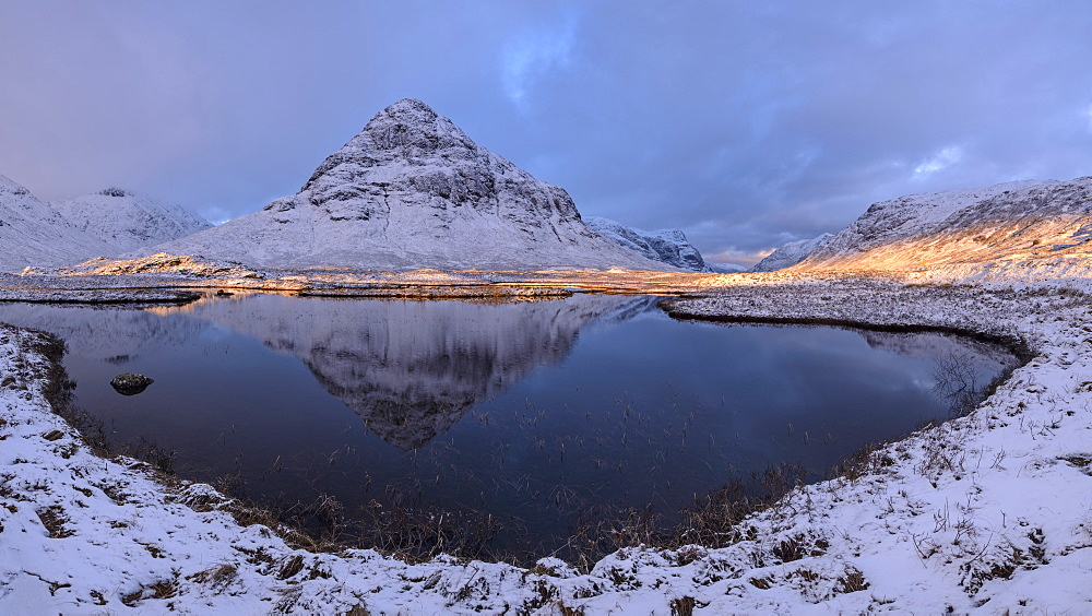 Buachaille Etive Beag mountain reflected in Lochan na Fola, Glencoe, Argyll, Scotland, United Kingdom, Europe