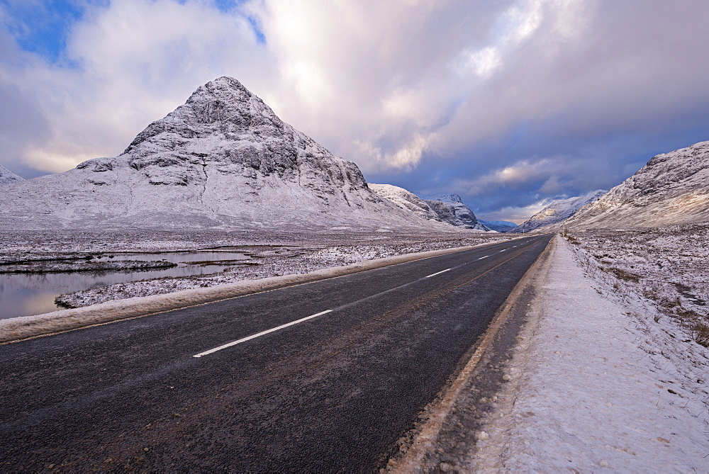 Road through snow covered Rannoch Moor in the Scottish Highlands, Argyll, Scotland, United Kingdom, Europe