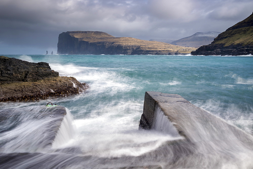 Crashing waves on the shores of Tjornuvik on the island of Streymoy in the Faroe Islands, Denmark, Europe