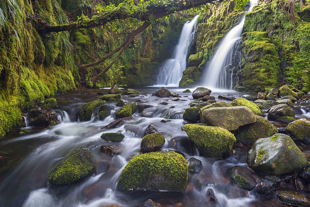 Double waterfall cascade at Venford Brook in Dartmoor National Park, Devon, England, United Kingdom, Europe