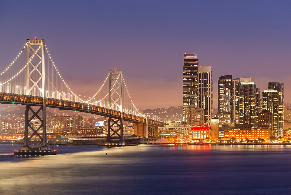 Oakland Bay Bridge and city skyline at night, San Francisco, California, United States of America, North America