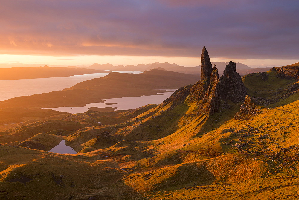 Glorious rich morning sunlight at the Old Man of Storr on the Isle of Skye, Inner Hebrides, Scotland, United Kingdom, Europe