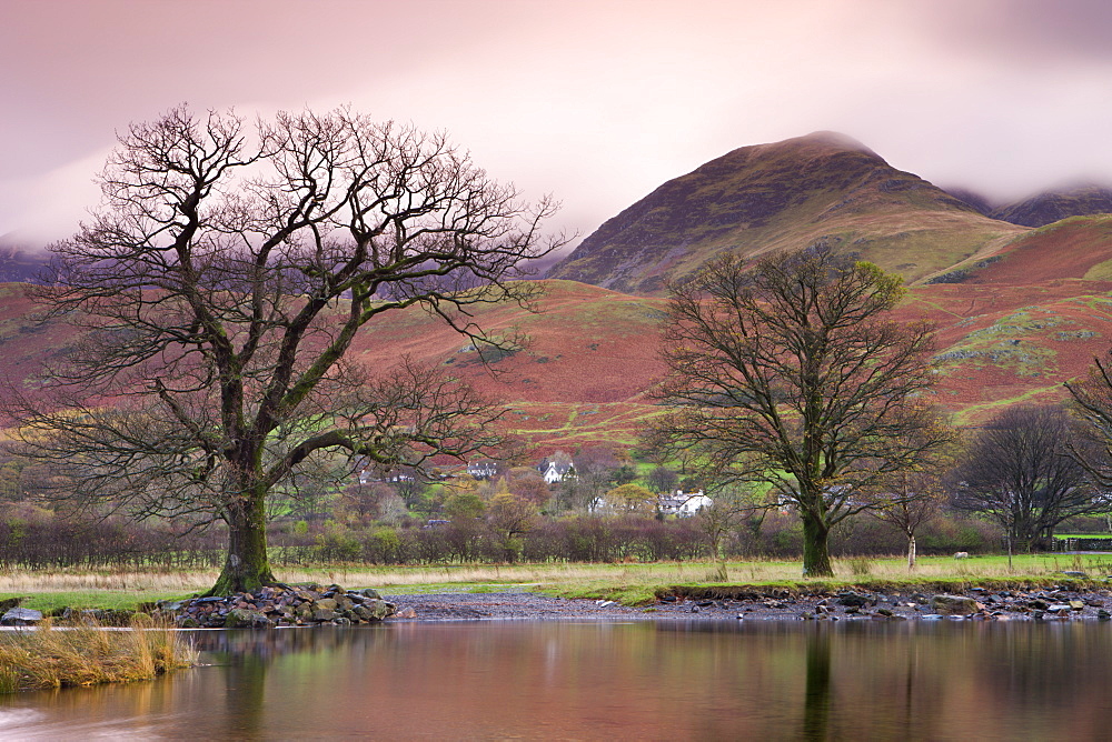 Buttermere village and Whiteless Pike at dawn in autumn, Lake District National Park, Cumbria, England, United Kingdom, Europe