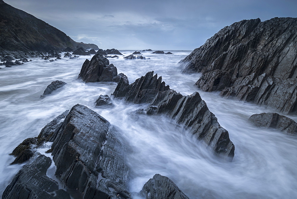 Jagged rocks on the seashore near Lee Bay in winter, North Devon, England, United Kingdom, Europe