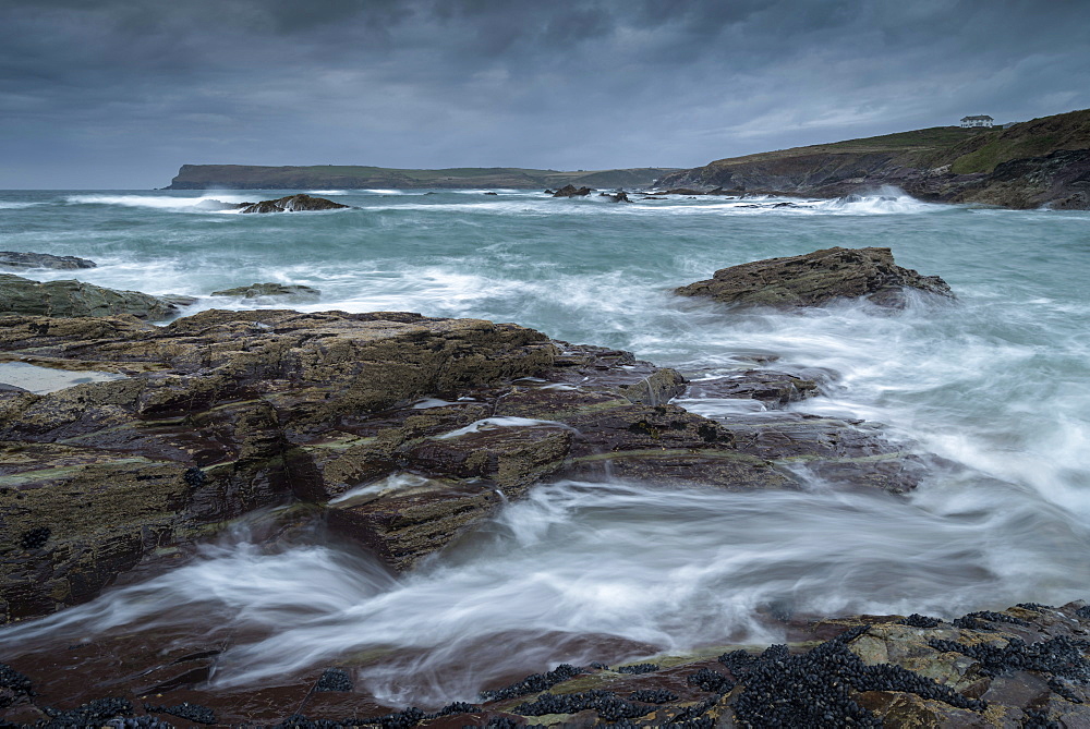 Stormy seas looking towards Pentire Point, Padstow, Cornwall, England, United Kingdom, Europe