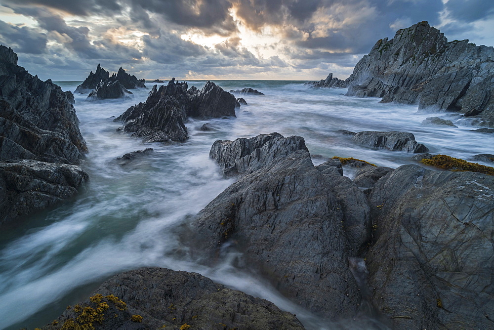 Stormy sunset over the dramatic North Devon coast, Devon, England, United Kingdom, Europe