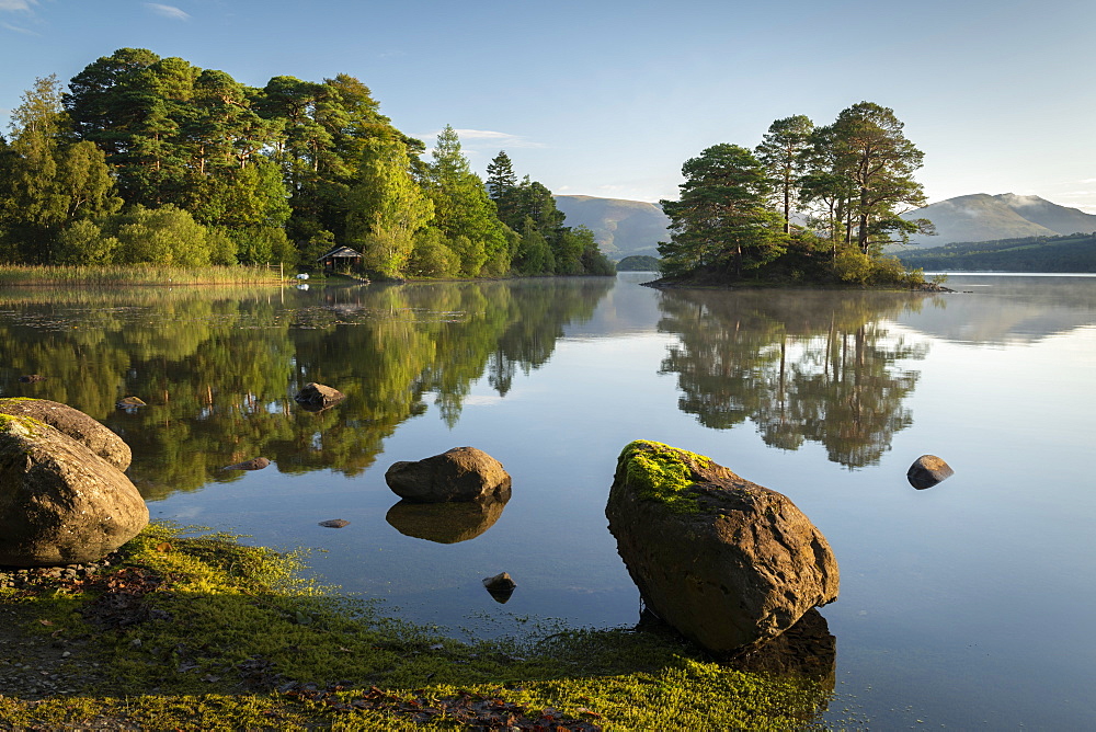 Beautiful morning on a reflection Derwent Water in the Lake District National Park, UNESCO World Heritage Site, Cumbria, England, United Kingdom, Europe