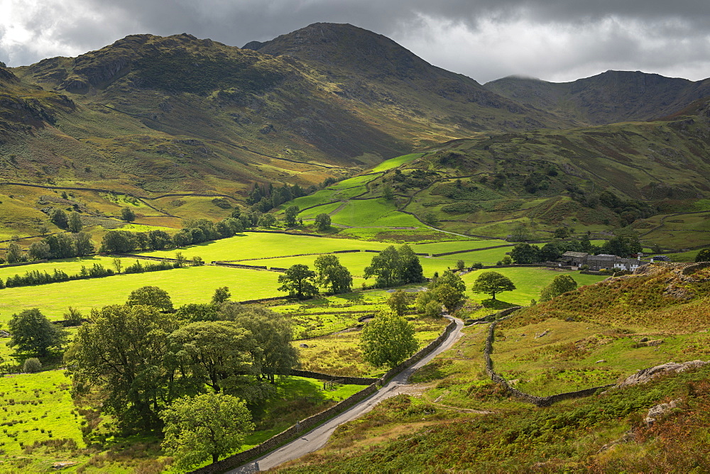 Rolling farmland and mountains in Little Langdale, Lake District National Park, UNESCO World Heritage Site, Cumbria, England, United Kingdom, Europe