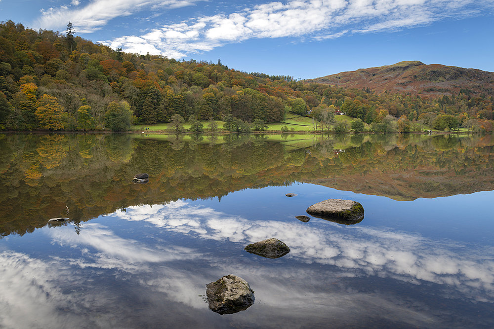 Reflections on Grasmere, Lake District National Park, UNESCO World Heritage Site, Cumbria, England, United Kingdom, Europe