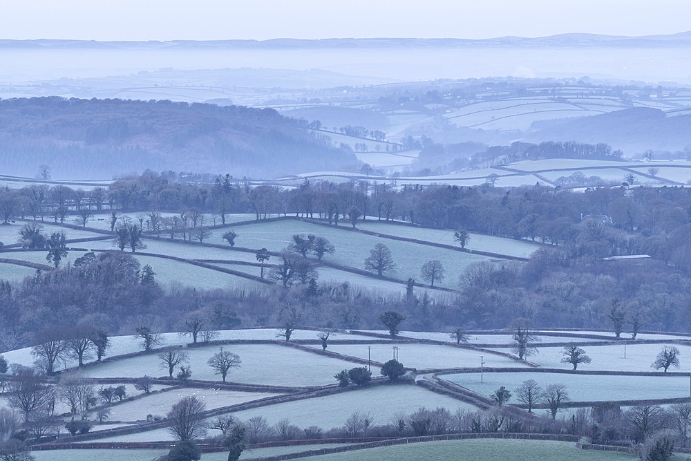 Frosty rolling countryside near Sourton, Devon, England, United Kingdom, Europe