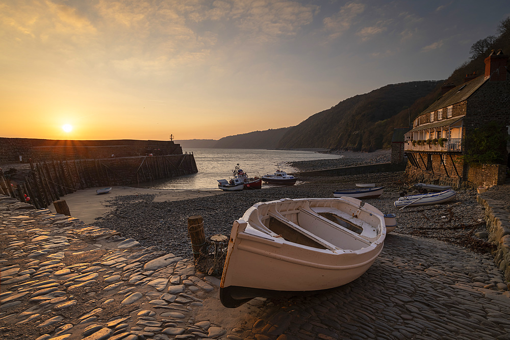 Sunrise over Clovelly Harbour, Devon, England, United Kingdom, Europe