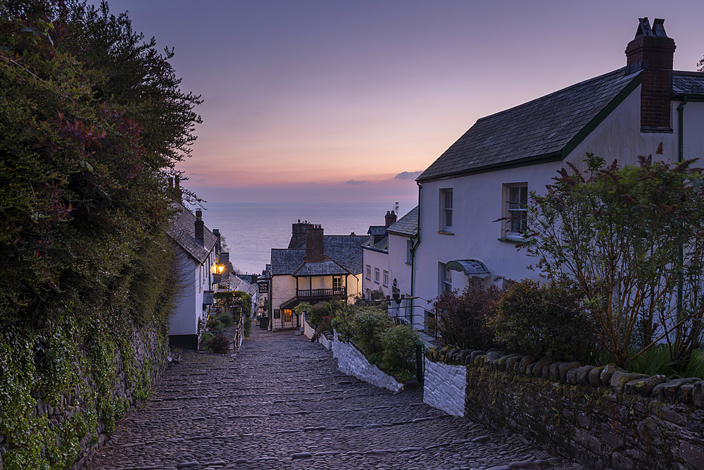 Cobbled village lane at dawn, Clovelly, Devon, England, United Kingdom, Europe