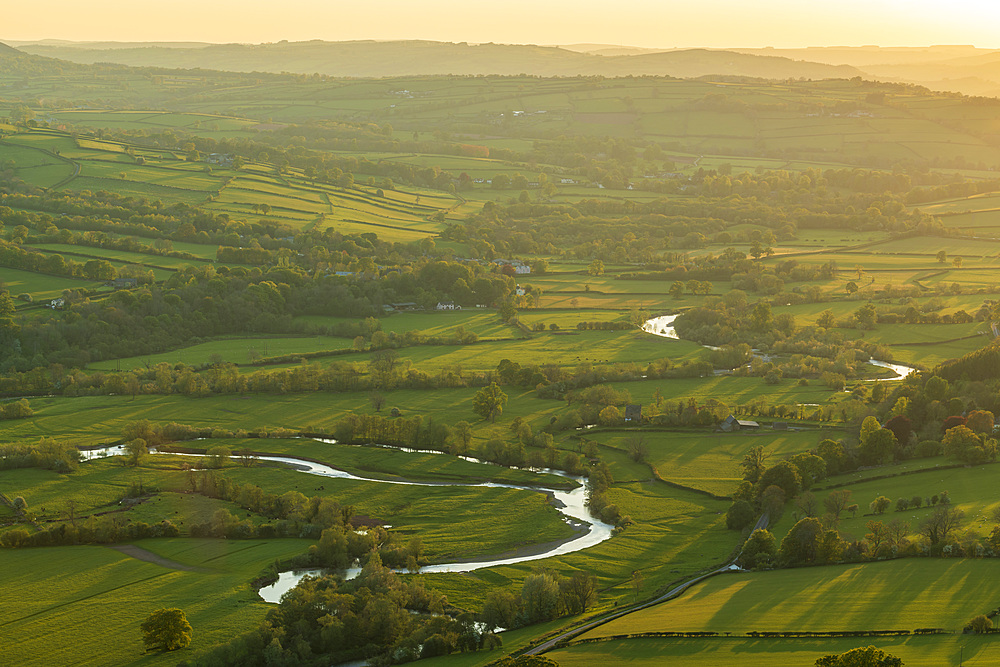 The River Usk meandering through rolling countryside, Brecon Beacons, Powys, Wales, United Kingdom, Europe