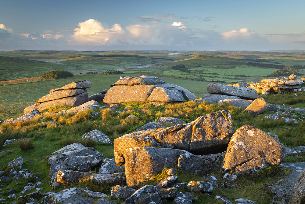 First light on the granite boulders of Roughtor in Bodmin Moor, Cornwall, England, United Kingdom, Europe