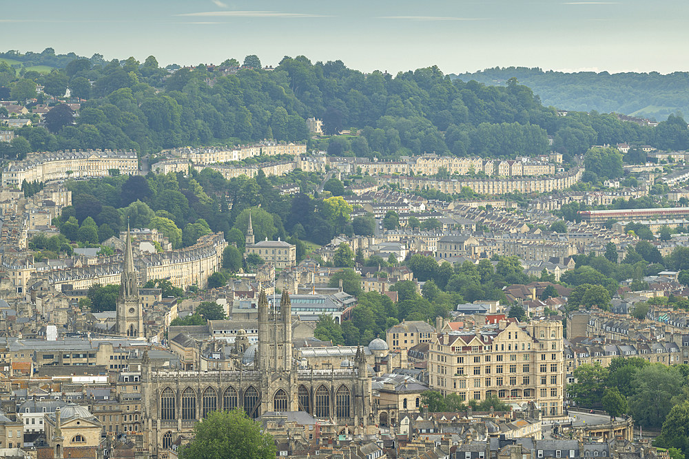 Aerial vista over Bath from Alexandra Park, Bath, Somerset, England, United Kingdom, Europe