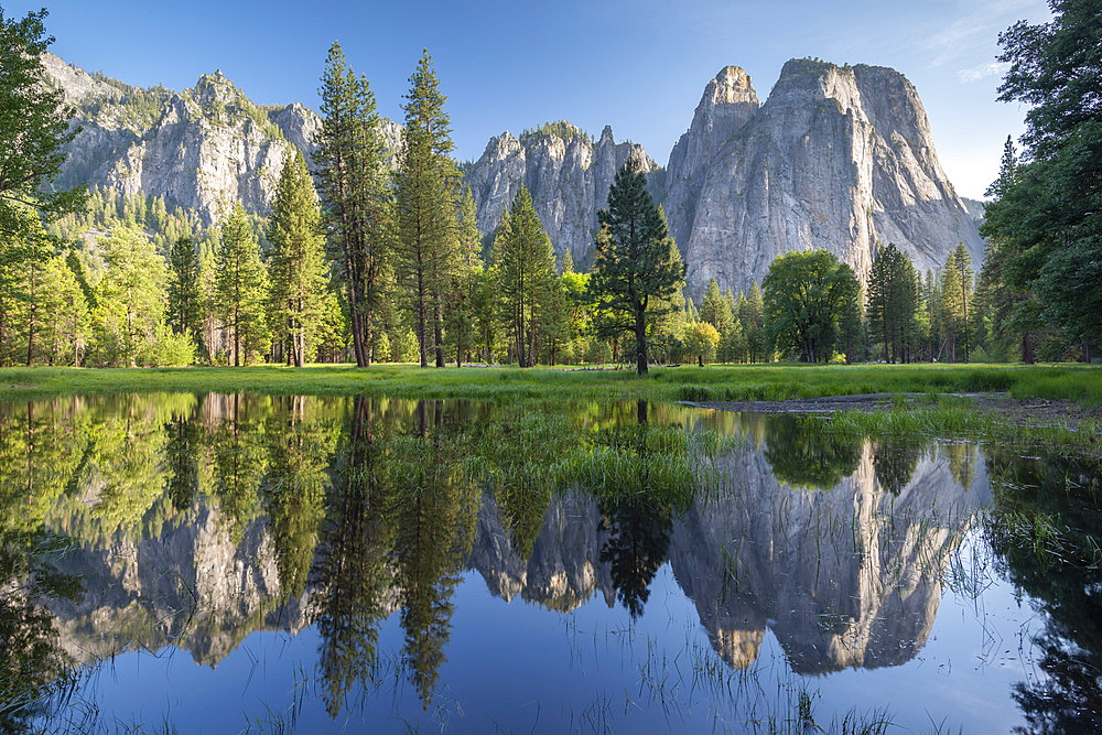 Cathedral Rocks reflected in floodpools, Yosemite Valley, UNESCO World Heritage Site, California, United States of America, North America