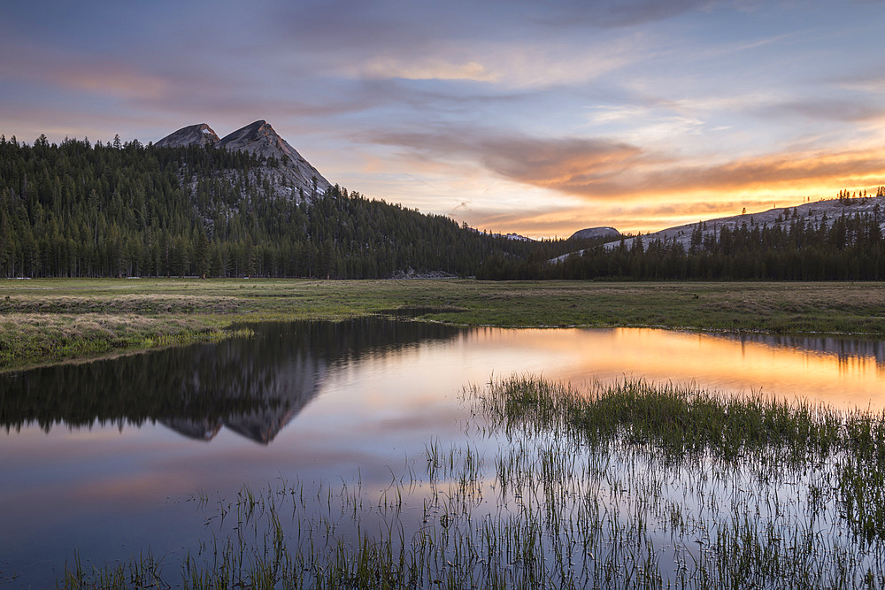 Sunset reflections on Tuolumne Meadows in Yosemite National Park, UNESCO World Heritage Site, California, United States of America, North America