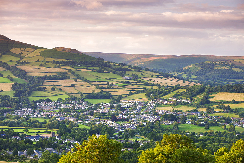 Aerial view of the towns of Crickhowell (Crug Hywel) and Llangattock (Llangatwg) in the Usk Valley, Brecon Beacons National Park, Powys, Wales, United Kingdom, Europe