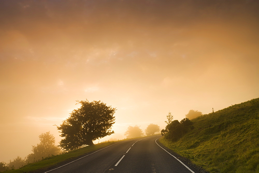 Misty conditions at sunrise on a moorland road, Brecon Beacons National Park, Powys, Wales, United Kingdom, Europe