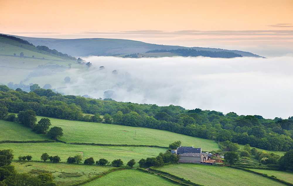 Isolated farm on a valley slope on a misty dawn, Brecon Beacons National Park, Powys, Wales, United Kingdom, Europe