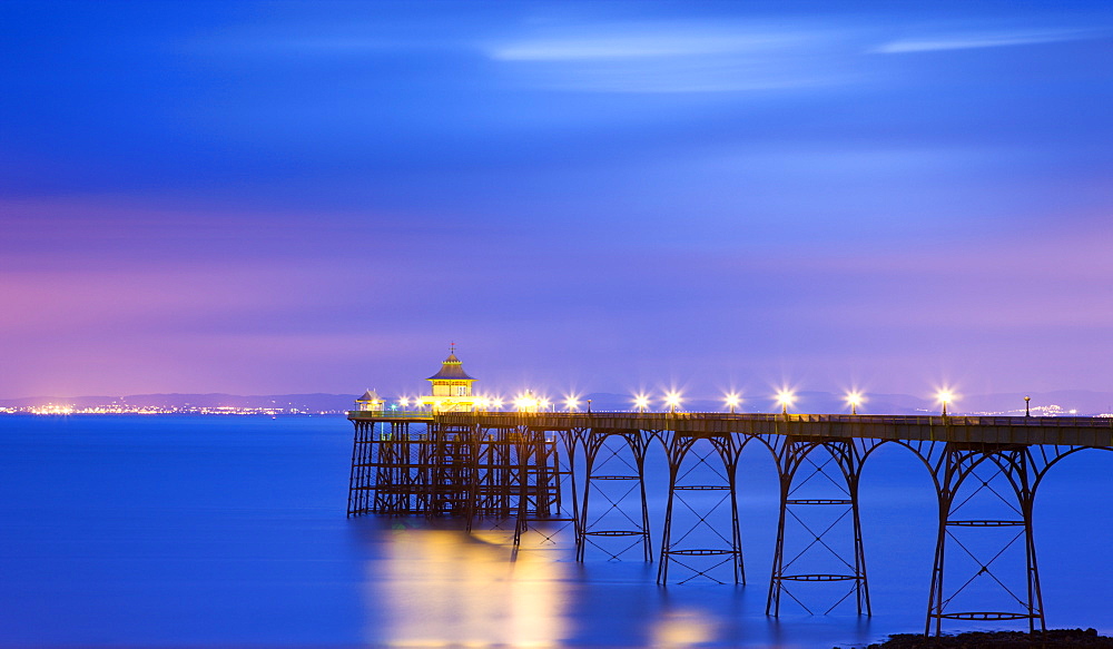 Clevedon Pier illuminations at night, Somerset, England, United Kingdom, Europe