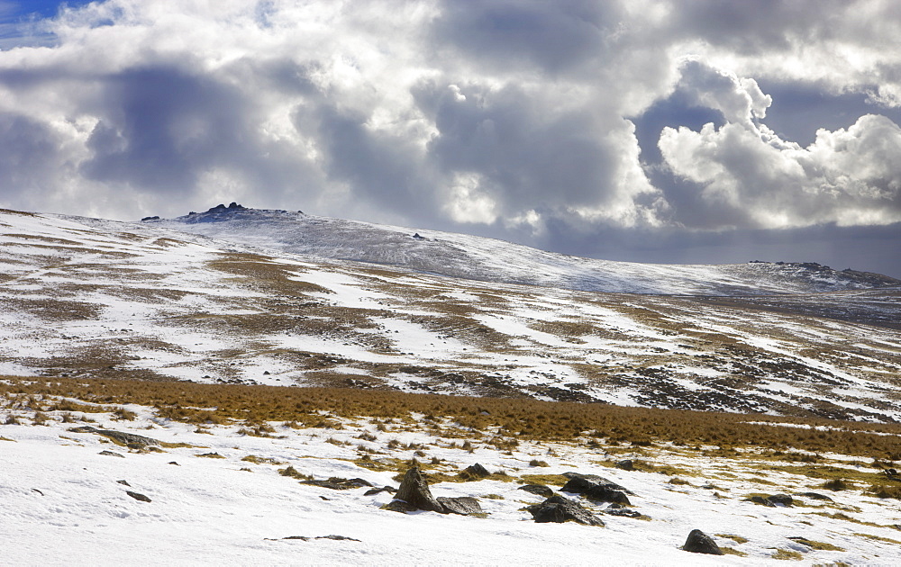 Great Links Tor and snow dusted moorland in winter, Dartmoor National Park, Devon, England, United Kingdom, Europe