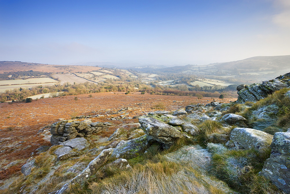 Frosty and misty moorland near Hound Tor, Dartmoor National Park, Devon, England, United Kingdom, Europe