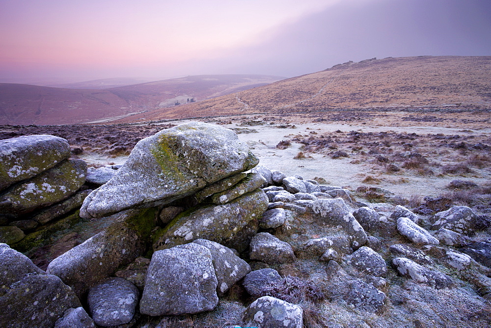 Grimspound Bronze Age settlement remains on a frosty winter dawn, Dartmoor National Park, Devon, England, United Kingdom, Europe