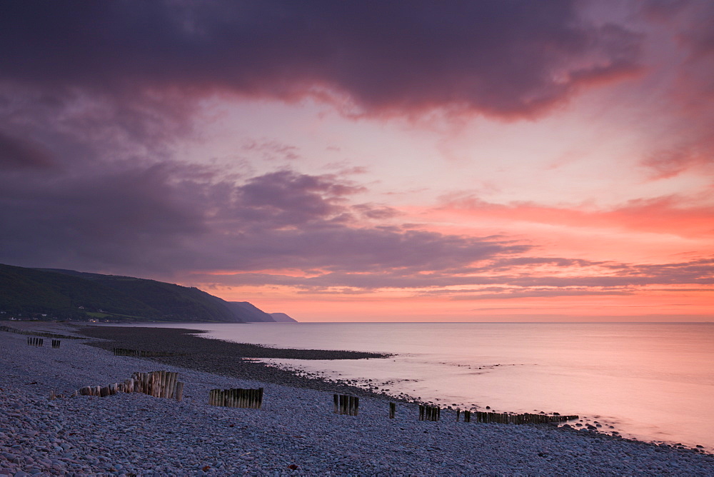 Beautiful sunset skies above Bossington Beach, Exmoor National Park, Somerset, England, United Kingdom, Europe