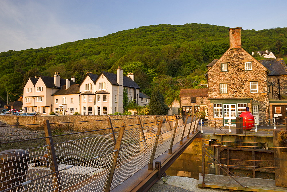 Footbridge crossing the harbour at Porlock Weir, Exmoor National Park, Somerset, England, United Kingdom, Europe