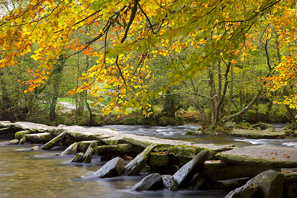 Prehistoric Clapper bridge, Tarr Steps in Exmoor National Park, Somerset, England, United Kingdom, Europe