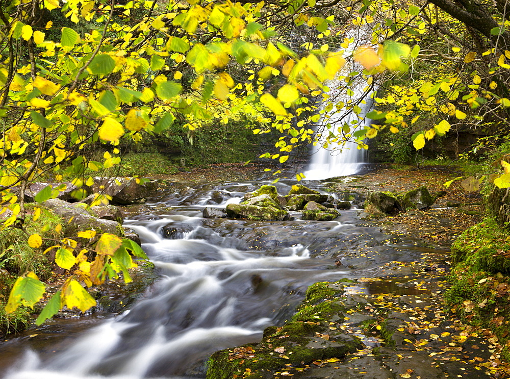 Waterfall on the River Caerfanell at Blaen-y-glyn, Brecon Beacons National Park, Powys, Wales, United Kingdom, Europe