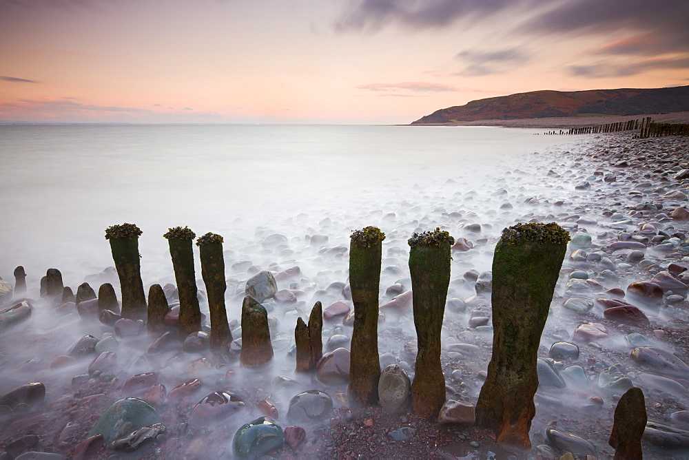 Wooden groyne coastal defenses at Porlock Beach, Exmoor National Park, Somerset, England, United Kingdom. Europe