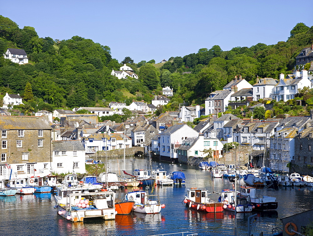 Fishing boats in Polperro Harbour, Polperro, Cornwall, England, United Kingdom, Europe